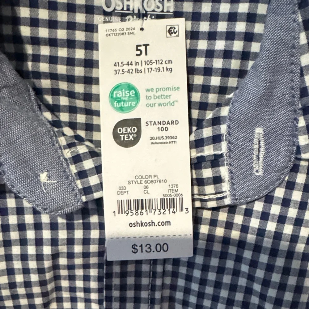 Size 5T OshKosh B'gosh Kids Gingham Shirt - Blue and White